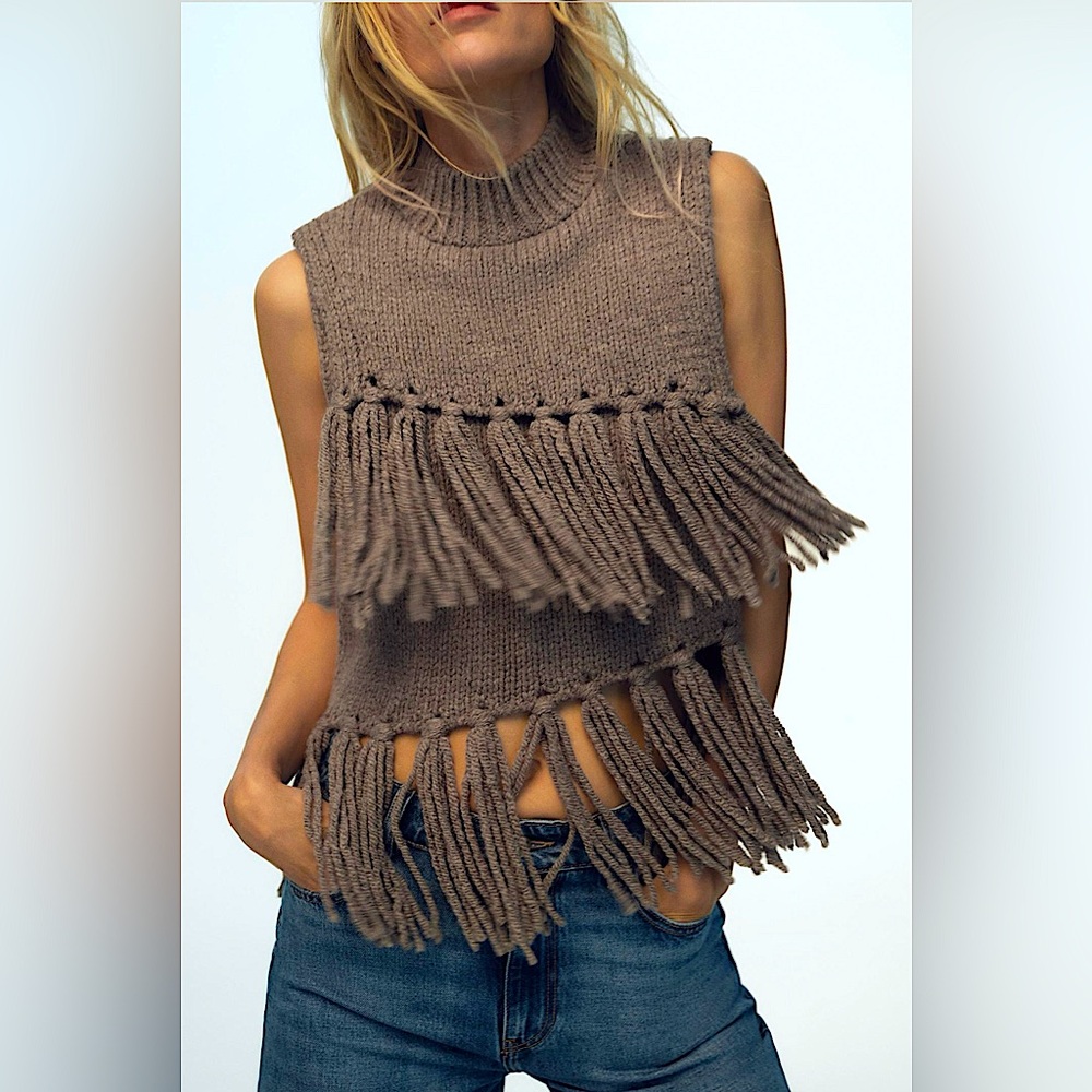 Zara Brown Fringe Sweater